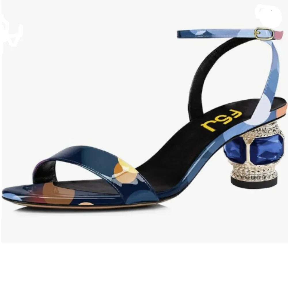 FSJ Women Gorgeous Crystal Low Block Heel Open Toe Ankle Strap Sandals BLue